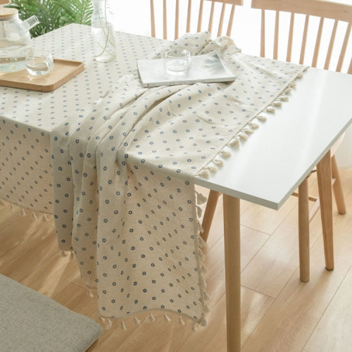 Tassel Lace Daisy Print Cotton Linen Tablecloth, Size:100x140cm(Little Blue Chrysanthemum)