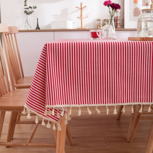 Tassel Lace Daisy Print Cotton Linen Tablecloth, Size:140x160cm(Red Stripes)
