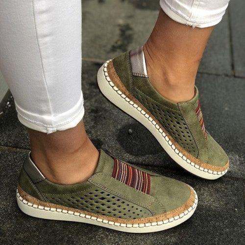 Hollow Hand-stitched Striped Breathable Casual Women Flat Sneaker, Shoes Size:39(Green)