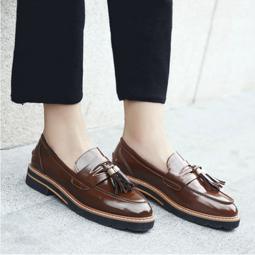 Round Toe Leather Slip-on Shoes Nonslip Flats Shoes, Size:38(Brown)