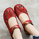 Flower Round Toe Soft Bottom Vintage Leather Flat Shoes, Szie:39(Red Sandals)