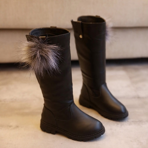 Girls Fur Ball Leather Comfortable Non-Slip Boots, Size:33, Color:Black