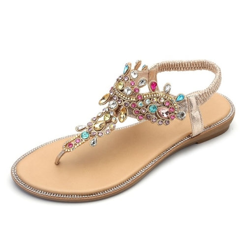 Female Rhinestones Flats sandals, Shoe Size:39(Gold Color Drill)