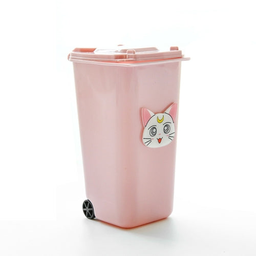 Cute Girly Heart Pink Trash Can Pen Holder Student Desktop Storage Bucket(White Cat)