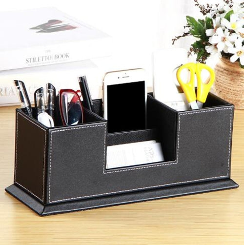 Creative Pen Support Fashion Leather Multifunctional Desktop Office Storage Pen Case Socket Double Pen Holder(Black)