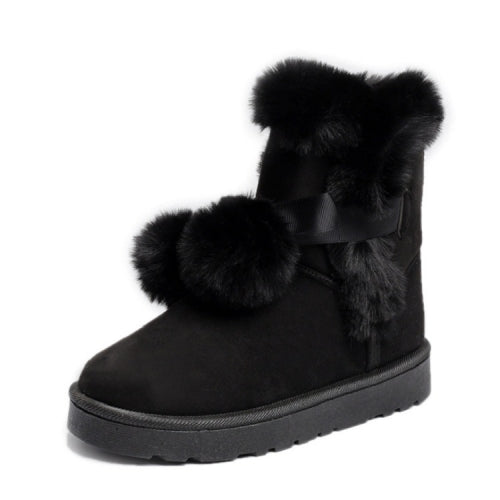 Plus Velvet Short Tube Snow Boots Cute Hair Ball Casual Cotton Shoes, Size:38(Black)