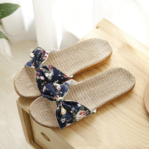 Women Bohemia Bowknot Flax Linen Flip Flops Beach Shoes Casual Slippers, Size:35-36(Navy Blue)