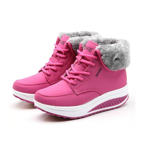 Women Booties Snow Lace Boots Autumn And Winter Female Wedge Shoes, Shoe Size:36(Rose Red)