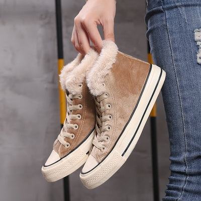 Solid Color Plus Velvet High-Top Canvas Cotton Shoes, Shoe Size:38(Khaki)