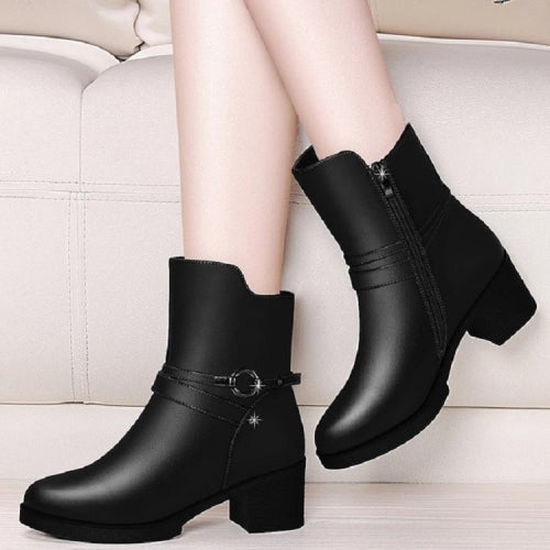 Round Head Boots with Thick Side Zipper Boots and Velvet Boots, Size:38(Black )