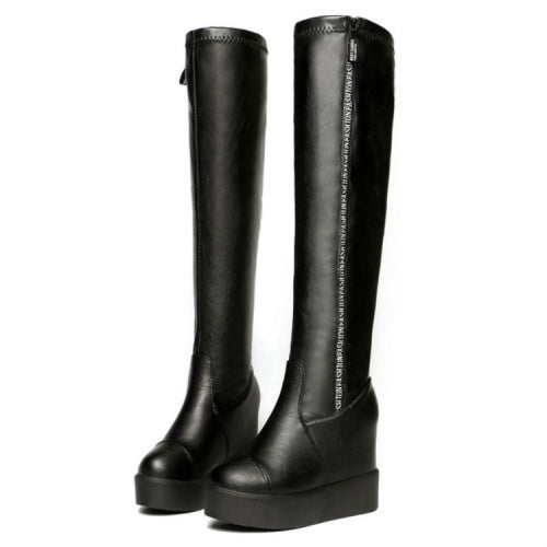 Faux Leather Zipper Style Long Boots High Heel, Size:37(Black Plus Cotton)