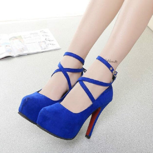 Women Shoes Round Toe Stiletto High Heels, Size:41(Blue)