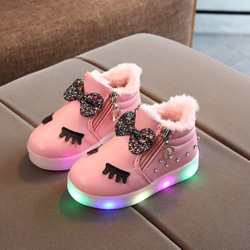 Kids Shoes Baby Infant Girls Eyelash Crystal Bowknot LED Luminous Boots Shoes Sneakers, Size:24(Pink with Cotton)