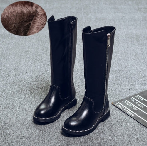 Winter Girls Leather High-Top Snow Boots, Size:36, Color:Black thick cotton boots