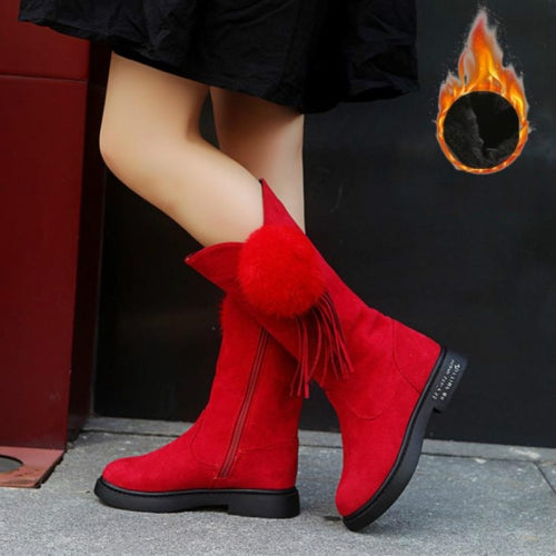 Soild Color Winter Tall Tube Plus Velvet Ball Plush Little Girl Princess Boots, Size:37(Thin Cotton Thick Fancy Red)