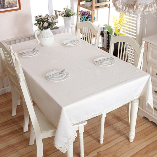 Linen Cotton Thicken Tablecloth Hem Splice Washable Coffee Dinner Table Cloth for Wedding Banquet, Size:90x140cm(White Lace)