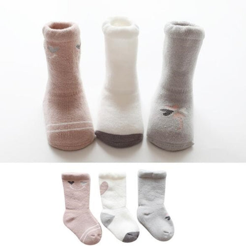 3 Pairs Newborn Boys and Girls Baby Tube Cotton Thickening Terry Socks, Size:M(Heart)