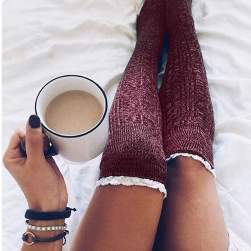 Warm Lace Over The Knee Socks Stack Socks Woman(Wine Red)