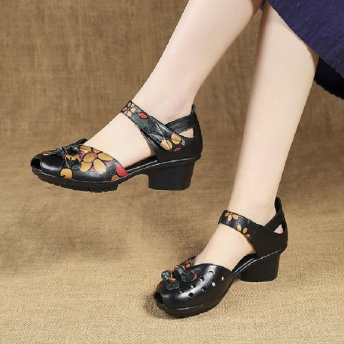 Women Shoes Leather Square Dance Thick Heel Shoes, Size:38(Black)