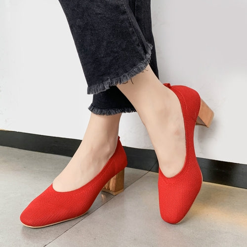 Breathable Stretch Knit Pumps High Square Golden Heels Women Slip On Square Toe V Mouth Casual Lady Cozy Shoes, Size:37(Red)