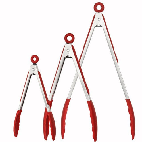 3 in 1 Stainless Steel Bread Barbecue Food Clip Silicone Baking Tools Set (Red)