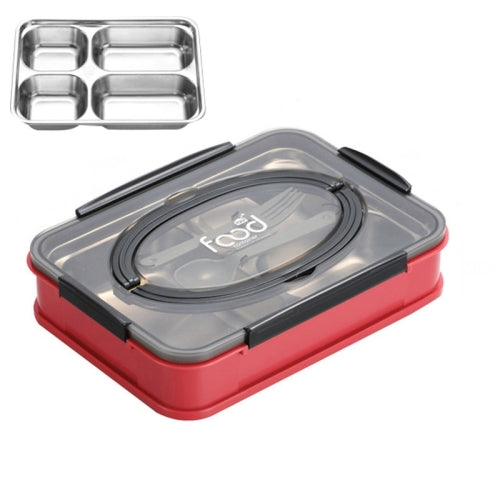 Creative Microwave Student Lunch Box Bento Box with Cutlery, Style:Four Grid(Hawthorn Red)
