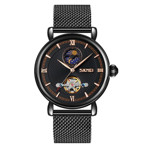 Skmei 9220 Men Mesh Belt Automatic Hollow Mechanical Watch Student Watch (Black Shell Black Face)