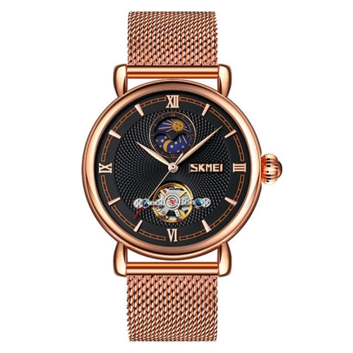 Skmei 9220 Men Mesh Belt Automatic Hollow Mechanical Watch Student Watch (Rose Gold Shell Black Face)