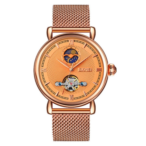 Skmei 9220 Men Mesh Belt Automatic Hollow Mechanical Watch Student Watch (Rose Gold Shell Gold Face)