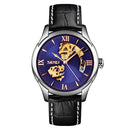 SKMEI 9223 Men Automatic Hollow Through Bottom Watch Student Leather Watch Belt Mechanical Watch, Colour:Silver Shell Blue Face