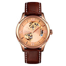 SKMEI 9223 Men Automatic Hollow Through Bottom Watch Student Leather Watch Belt Mechanical Watch, Colour:Rose Gold Shell Gold Face