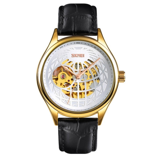 SKMEI 9209 Men Business Automatic Mechanical Watch Round Hollow Dial Leather Watchband Watch(Golden Silver)