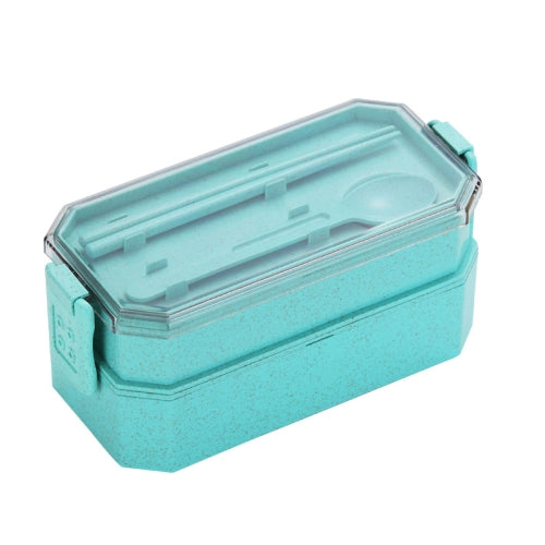 Double-layer Lunch Box Plastic Microwaveable Student Lunch Box Cutlery set(Green)
