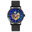 SKMEI 9216 Men Skeleton Automatic Mechanical Watch Stainless Steel Band Luminous Watch(Black Shell Blue Noodle)