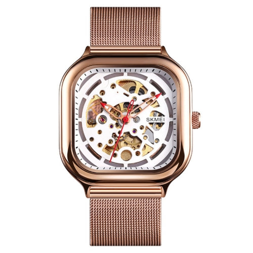 SKMEI 9184 Men Automatic Mechanical Watch Mesh with Hollow Square Tourbillon Student Watch (Rose Gold)