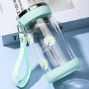 2 PCS Small Daisy Glass Men And Women Portable Cup With Cover Outdoor Couple Cup Transparent Straight Cup Water Cup, Size:280ml(Green)