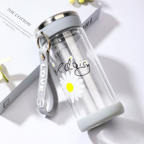 2 PCS Small Daisy Glass Men And Women Portable Cup With Cover Outdoor Couple Cup Transparent Straight Cup Water Cup, Size:320ml(Gray)