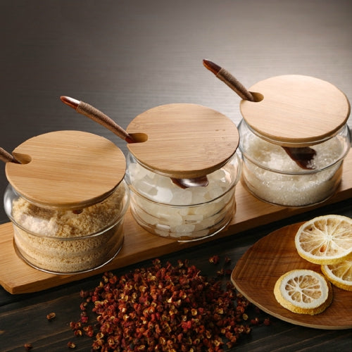 3 in 1 Original Wood Bamboo Cover Glass Seasoning Jar Seasoning Box Set Creative Seasoning Bottle