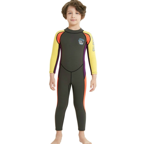 DIVE&SAIL WS-18816 Children Diving Suit One-piece Long-sleeved Swimsuit Sunscreen Hot Spring Surfing Suit, Size:S(Army Green Yellow Sleeves)