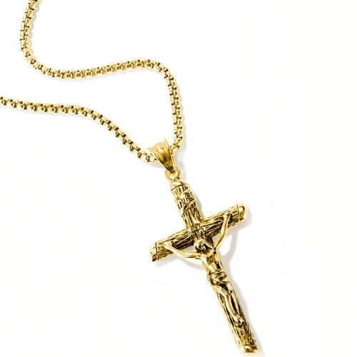 OPK 1668 Cross Pendant Classic Men Titanium Steel Necklace, Style:Pendant + Chain, Color:Gold