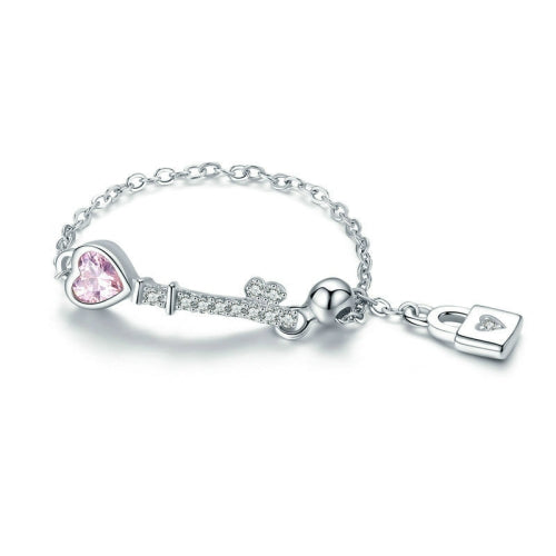 S925 Sterling Silver Female Ring Heart Lock Key Heart-shaped Chain Key Ring