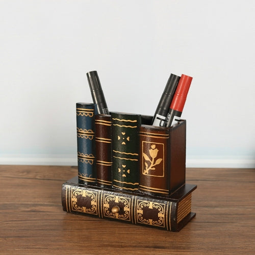 Retro Pen Holder Wooden Fake Book Multifunctional Pen Holder With Drawer