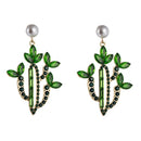 2 PCS Cactus Alloy Retro Earrings With Colored Rhinestones(Green)