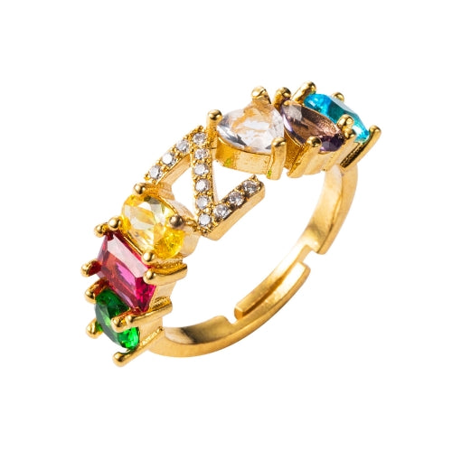 Copper 18K Micro Inlaid Zircon English Letter Ring Hip Hop Style Open Ring(Z)