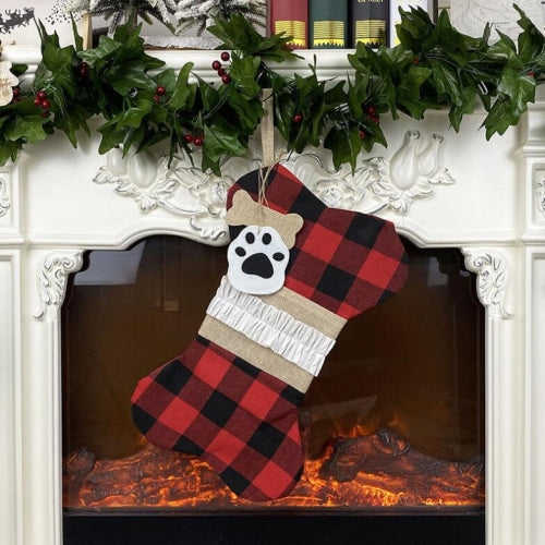 Christmas Decorations Christmas Socks Gift Bags Bones Pets Pendants(Red Black Grid)