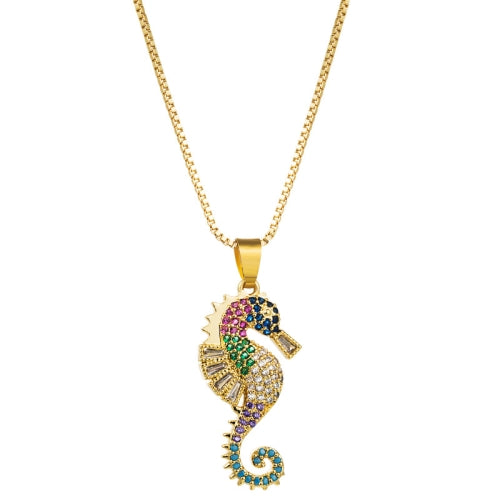 Copper Inlaid Colorful Zircon Seahorse Pendant Necklace Personality Clavicle Chain