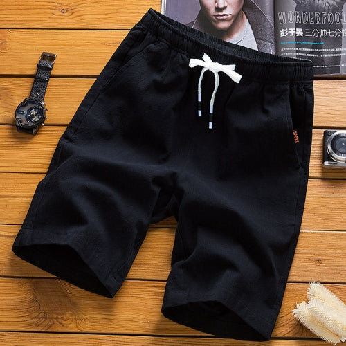 Cotton Linen Casual 5-point Sport Shorts Pants, Size: L(Black)
