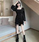 Drawstring Pleated Skirt Puff Sleeve Square Collar Dress, Size: L(Black)