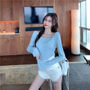 Strapless Stretch Sexy Bottoming T-Shirt Solid Color Long-Sleeved, Size: L(Blue)