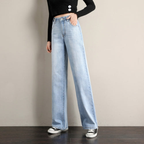 Wide-Leg Pants Women High-Waist Denim Retro Straight Loose, Size: XL(Light Blue)